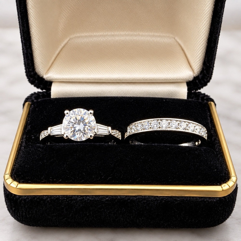Vintage Silver Tone Crystal Rhinestone Solitaire Baguette Wedding Ring Set 8.5